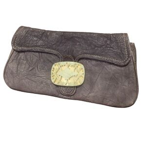 018. Tracy Reese New York Purple Brown Clutch Leather w/Faux Jade